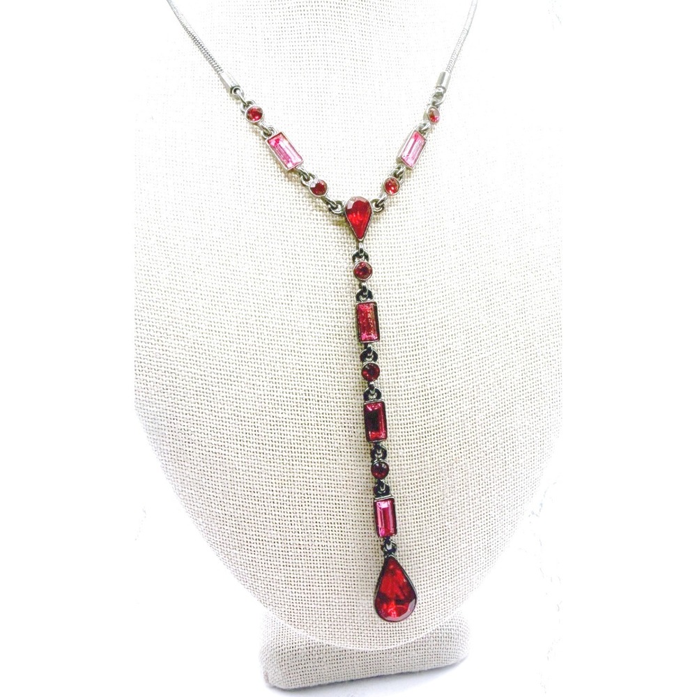 Givenchy Red Pink Glass Y Necklace Gunmetal Signed Designer Watch VIDEO